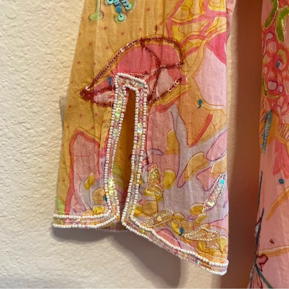 LeTarte embelished tropical swim cover cardigan top, cotton, pastel colors, S/M - Picture 4 of 14